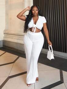 Slaydiva Conjunto casual de top corto con mangas, cuello en V y detalle de nudo, y pantalones rectos con solapa - B
