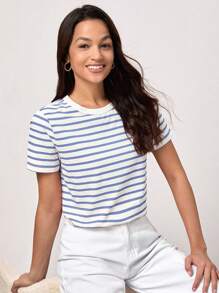 SHEIN BASICS Striped Print Round Neck Casual Tee For Summer