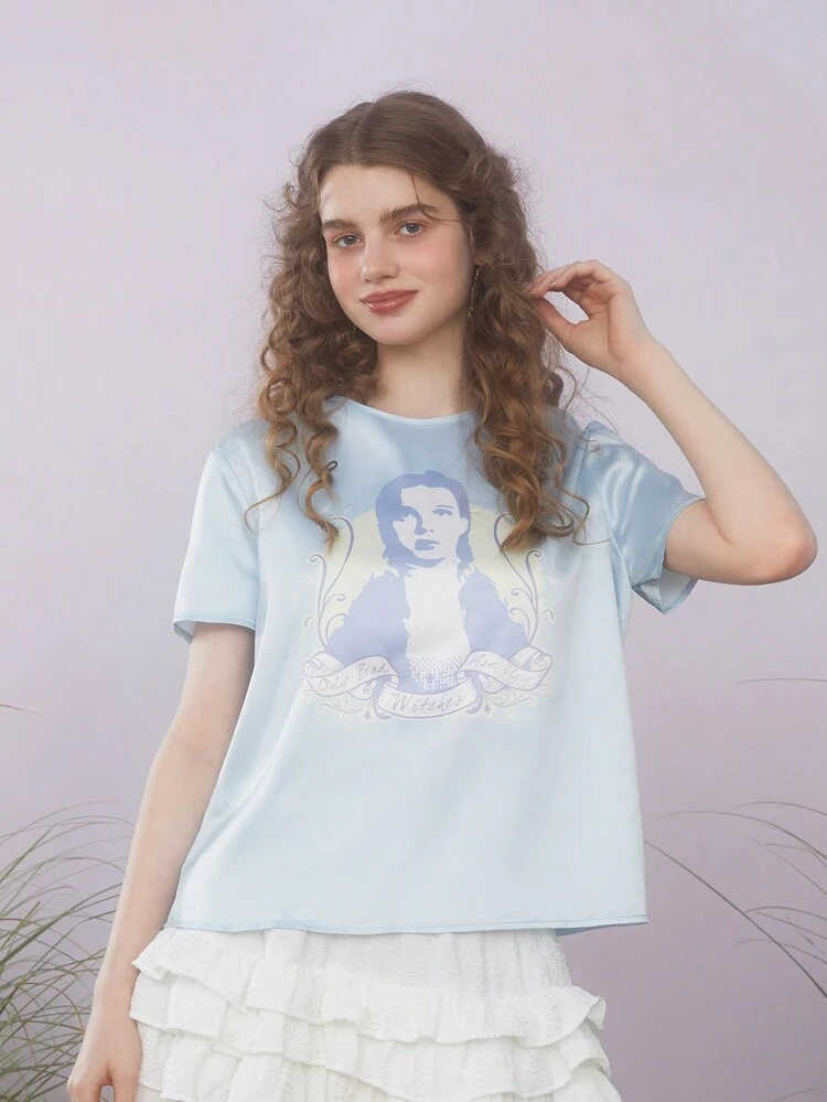 Women's Character And Letter Printed Satin Blouse For Summer