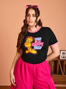 GARFIELD | SHEIN Plus Size Casual Hoạt Hình Dễ Thương Và Khẩu Hiệu In Bó Sát Tay Ngắn Ringer Áo Thun Viền Cong, Mùa Hè - màu đen - Xem 8