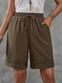 EMERY ROSE Shorts de encaje de unicolor para mujer con cintura ajustable con cordón, perfectos para vacaciones en la playa - Verde - Ver 1