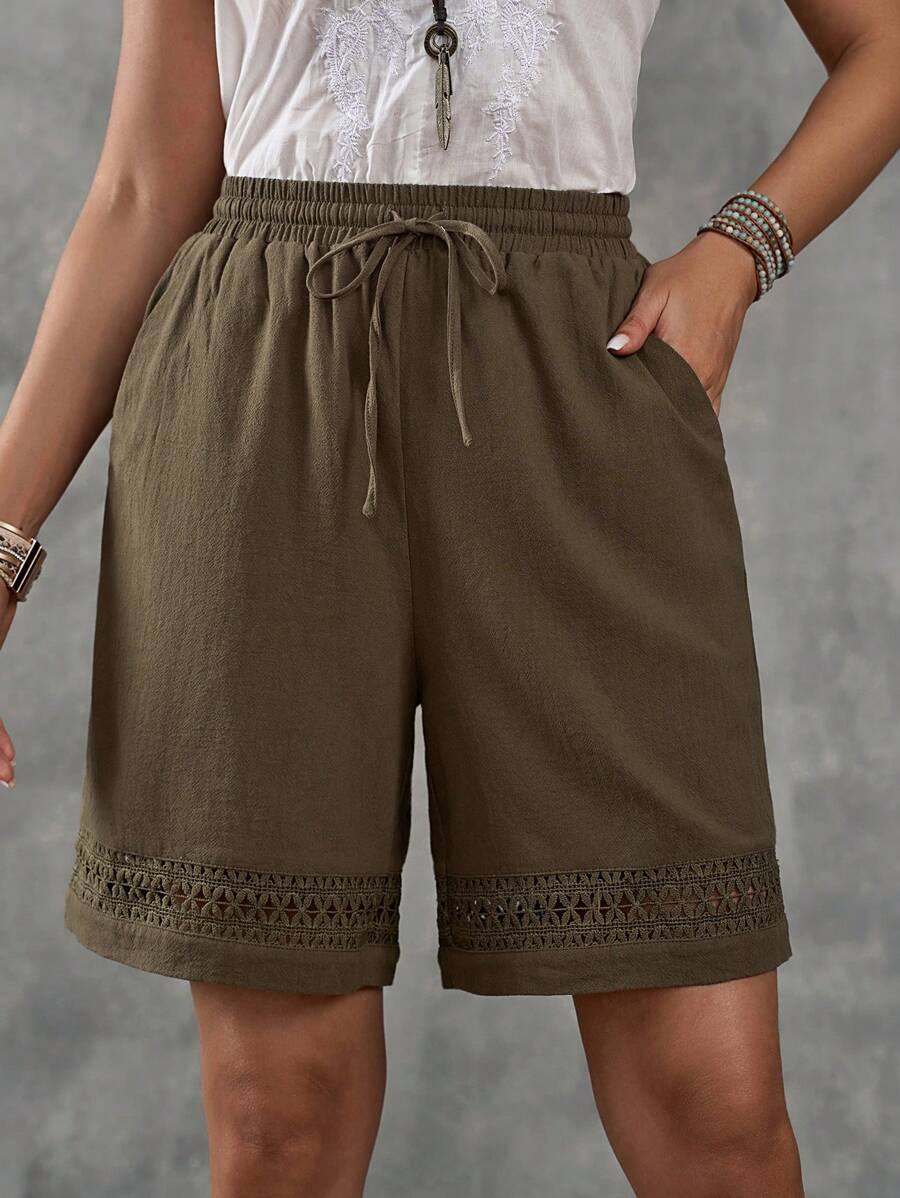 EMERY ROSE Shorts de encaje de unicolor para mujer con cintura ajustable con cordón, perfectos para vacaciones en la playa - Verde - Ver 1