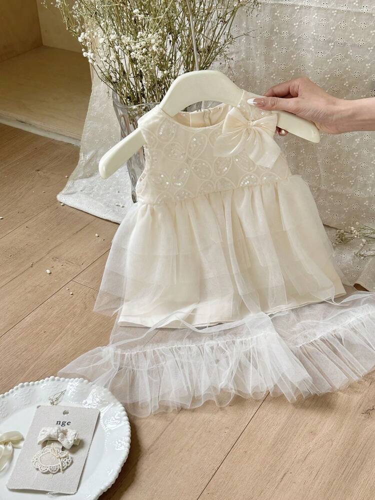 Fashionable And Elegant Baby Girl Summer Dress, Featuring Mesh And Bow Decorated Sleeveless Tank Dress
