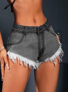 SHEIN ICON Ladies' Raw Hem Music Festival Match Spring Summer Denim Shorts