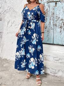 SHEIN VCAY Vestido de verano con estampado floral y hombros descubiertos de moda para mujer de talla grande para vacaciones