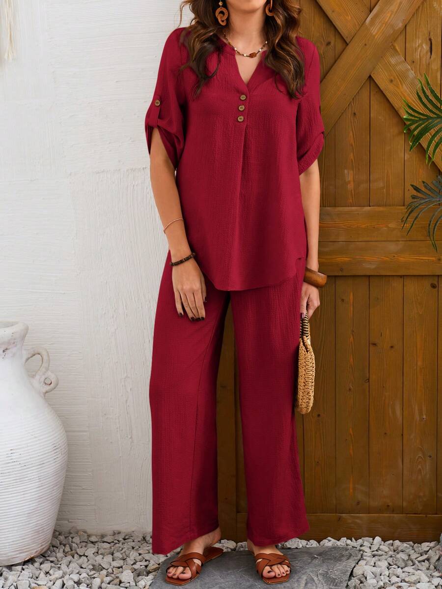 EMERY ROSE Women's Solid Color Notched V-Neck Casual Spring/Summer T-Shirt And Loose Pants 2pcs Set - Burgundy - View 1