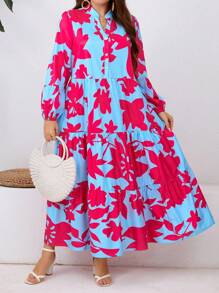 SHEIN Clasi Plus Size Floral Printed Notched Neckline Dress With Ruffled Hemline, Long Sleeve - Baby Blue - View 4