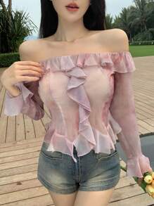 DAZY Blusa de dama con bajo asimétrico, volantes con teñido anudado en el bajo y mangas largas transparentes con hombros descubiertos - Rosa - Ver 8