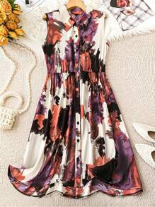 SHEIN Clasi Kleid in Große Größen für den Urlaub, legeres ärmelloses Kleid mit vorne geknöpftem und Batik Muster bedrucktem Saum - Rostige Rose - Übersicht 1