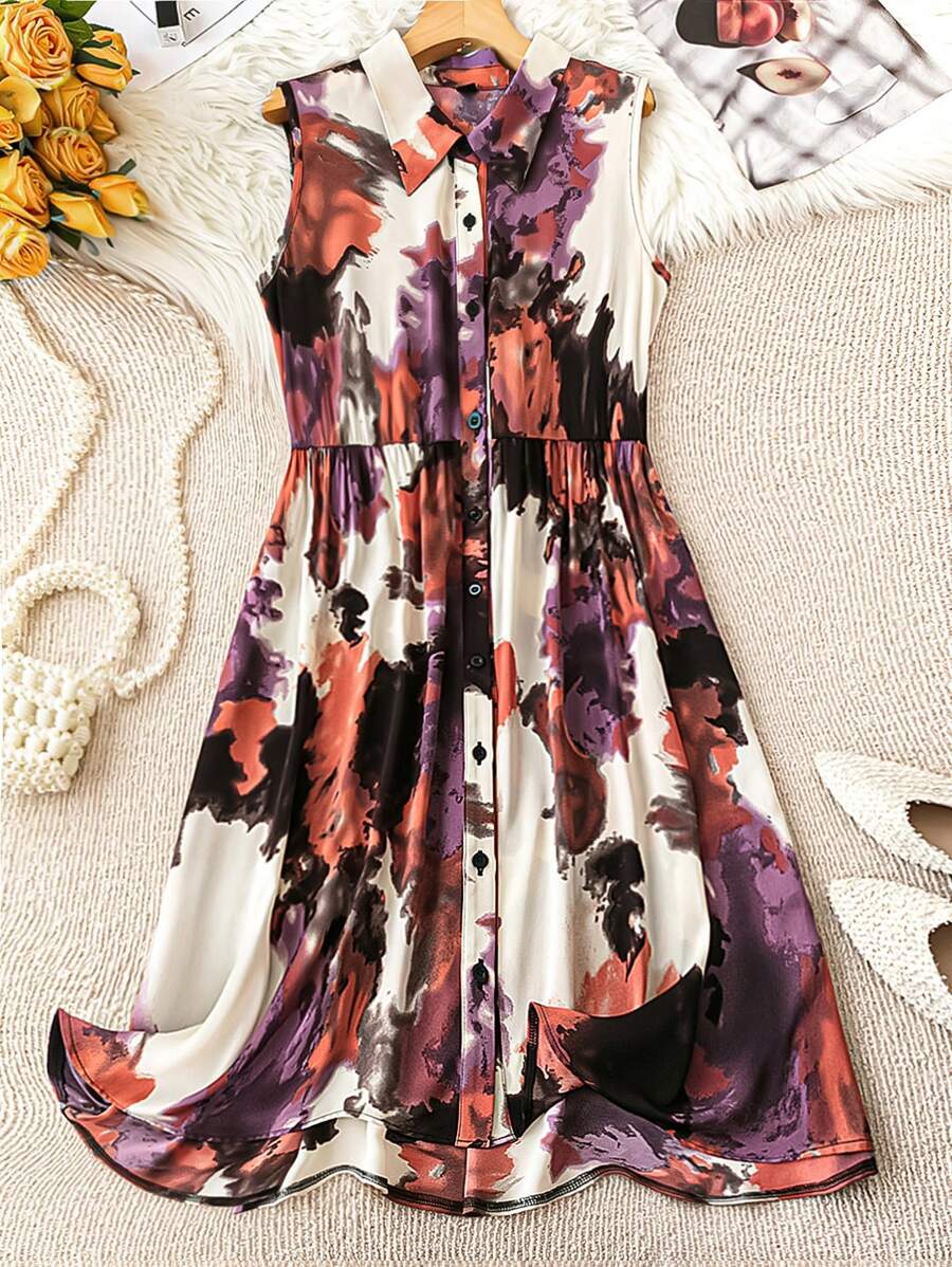 SHEIN Clasi Kleid in Große Größen für den Urlaub, legeres ärmelloses Kleid mit vorne geknöpftem und Batik Muster bedrucktem Saum - Rostige Rose - Übersicht 1