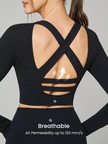 GLOWMODE FeatherFit™ Criss Cross Backless Cropped Sports Long Sleeve Tee Low Impact Yoga Daily - Black - View 6