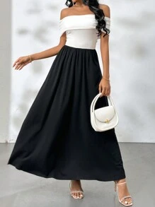 SHEIN Privé Elegantes, modisches Damen Kleid in Schwarz und Weiß mit Kontrastfarben, einschultrig, sexy, für romantische Anlässe, Dates, Arbeit, Straße, Hochzeitssaison, Abschlussfeier, Urlaub, Lehrertag, Muttertag