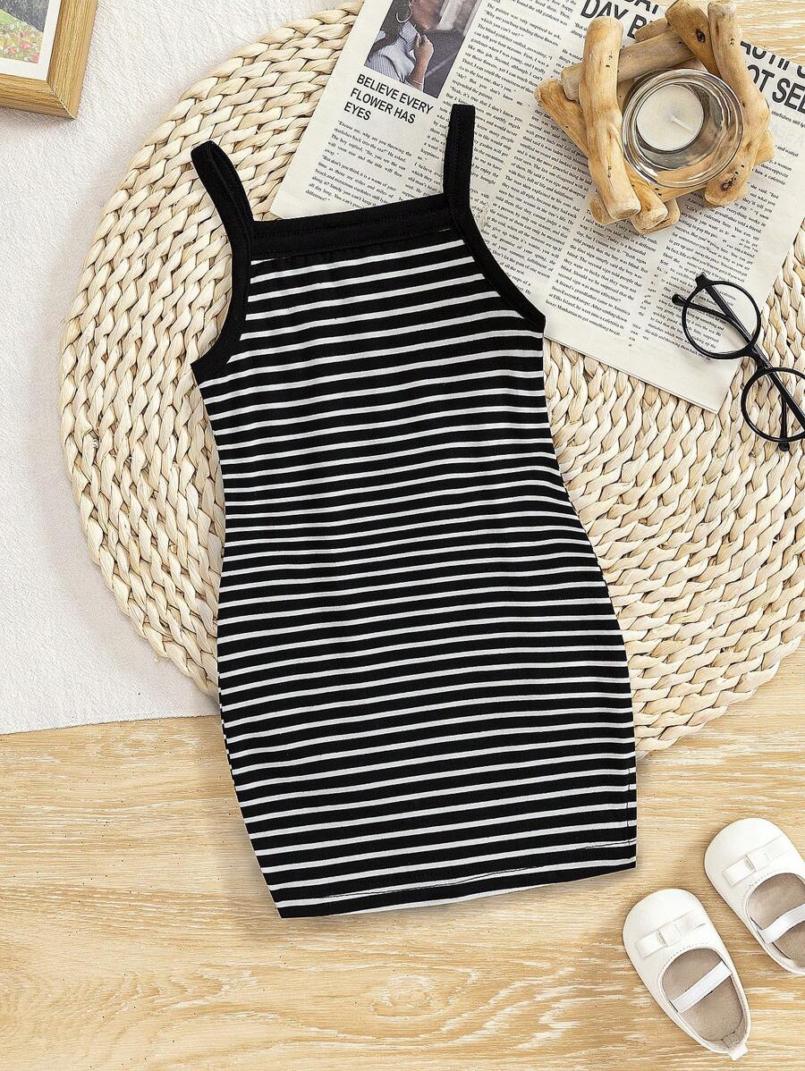 Baby Girl Cute And Simple Striped Knit Color Block  Mid-Length Camisole Dress For Summer - Black and White - View 1