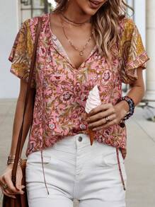 SHEIN LUNE Áo cánh tay ngắn thường ngày in họa tiết hoa cổ buộc cho nữ cho quần áo năm mới - Đỏ - Xem 1