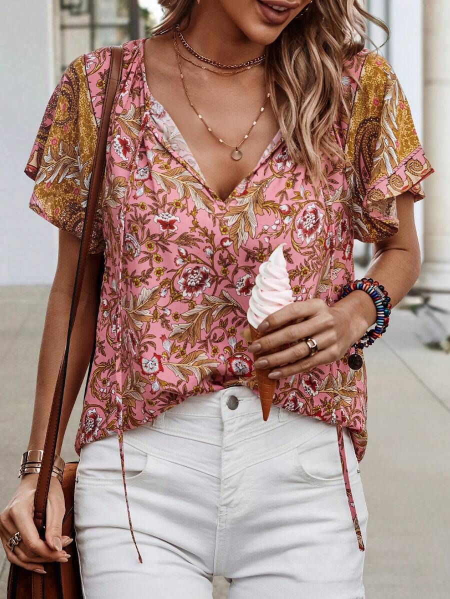 SHEIN LUNE Áo cánh tay ngắn thường ngày in họa tiết hoa cổ buộc cho nữ cho quần áo năm mới - Đỏ - Xem 1