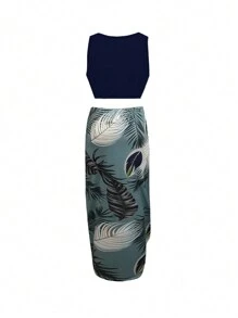 INAWLY Women Solid Color Spring/Summer Vest And Wrap Overlapping Printed Holiday Dress Set - Multicolor - View 2