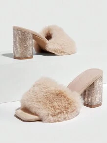CUCCOO SZL Phụ nữ Fuzzy Rhinestone Decor Giày cao gót Chunky, Con la quyến rũ - Lạc đà - Xem 1