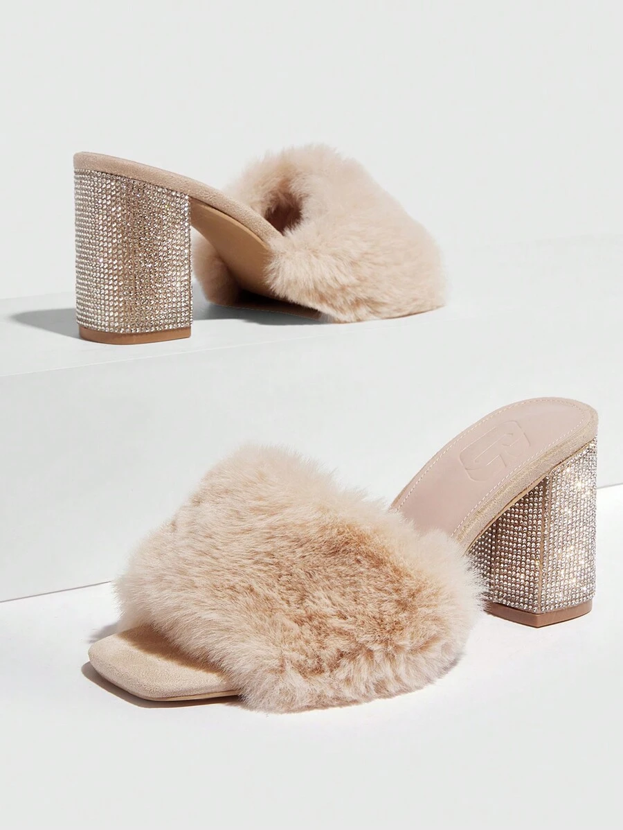 CUCCOO SZL Phụ nữ Fuzzy Rhinestone Decor Giày cao gót Chunky, Con la quyến rũ - Lạc đà - Xem 1