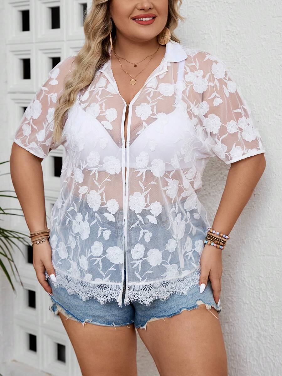 SHEIN VCAY Plus Size Women's Fashionable Sheer Printed Shirt With Lace Trimmed Collar