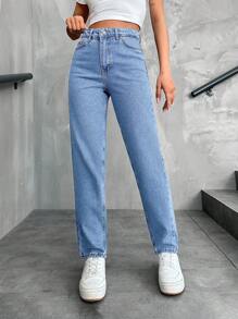 SHEIN Cottnline Solid Color Tapered Jeans - Light Wash - View 3