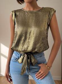 SHEIN Essnce Chemisier sans manches à col rond et devant noué pour femmes, couleur unie, mode - Doré - Voir 5