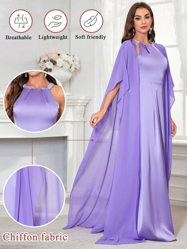 Abito in chiffon di raso a collo alto da donna, due pezzi, per feste