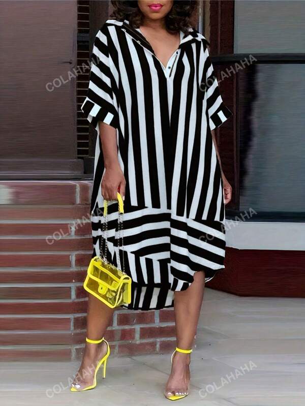 Plus Size Striped Print Short Front Long Back Summer Casual Dress