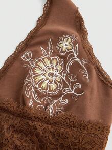 ROMWE Hippie 女式夏季花卉印花撞色蕾絲領口綁帶無袖上衣