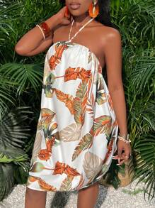 Slaydiva Holiday Beach Spaghetti Strap Sleeveless A-Line Dress With Plant Leaf Pattern For Women - Multicolor - View 8