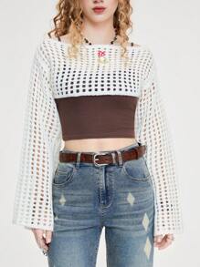 ROMWE Fairycore Summer Crochet Spring/Summer Mesh With Cute Mushroom Embroidery Women's Sweater Pullover With Bell Sleeves