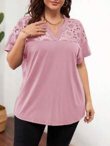 SHEIN LUNE 大尺碼女裝夏季純色蝙蝠短袖寬鬆休閒V領T恤 - 藕粉色 - 查看 5