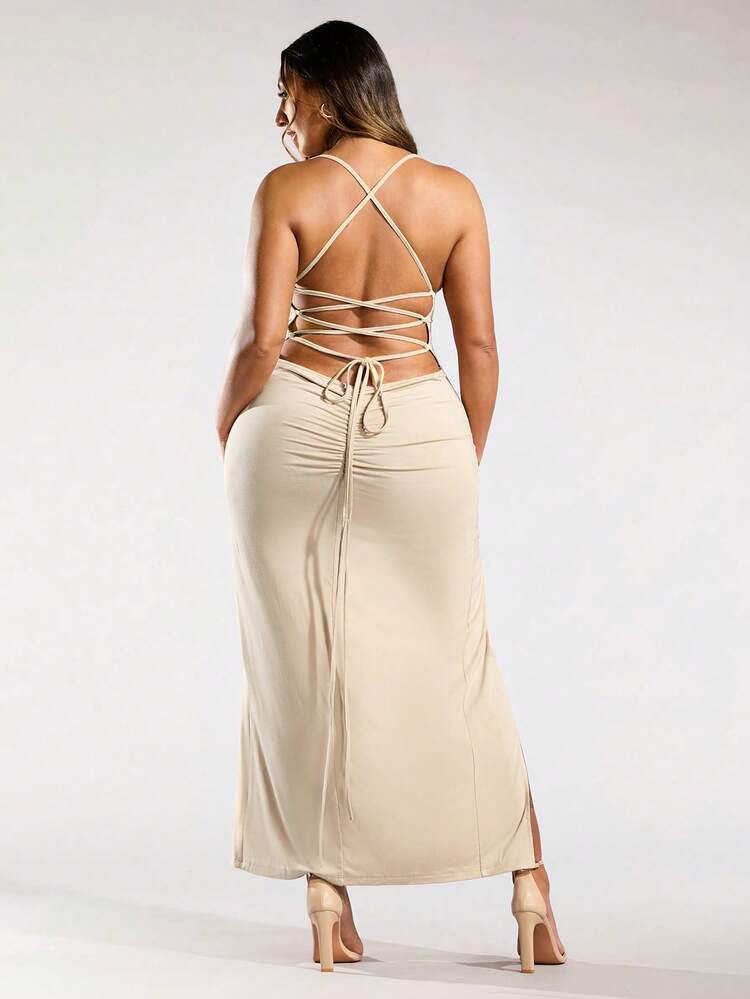 Women's Plus Size Knitted Solid Spaghetti Strap High Slit Backless Dress Lace Detail Dress