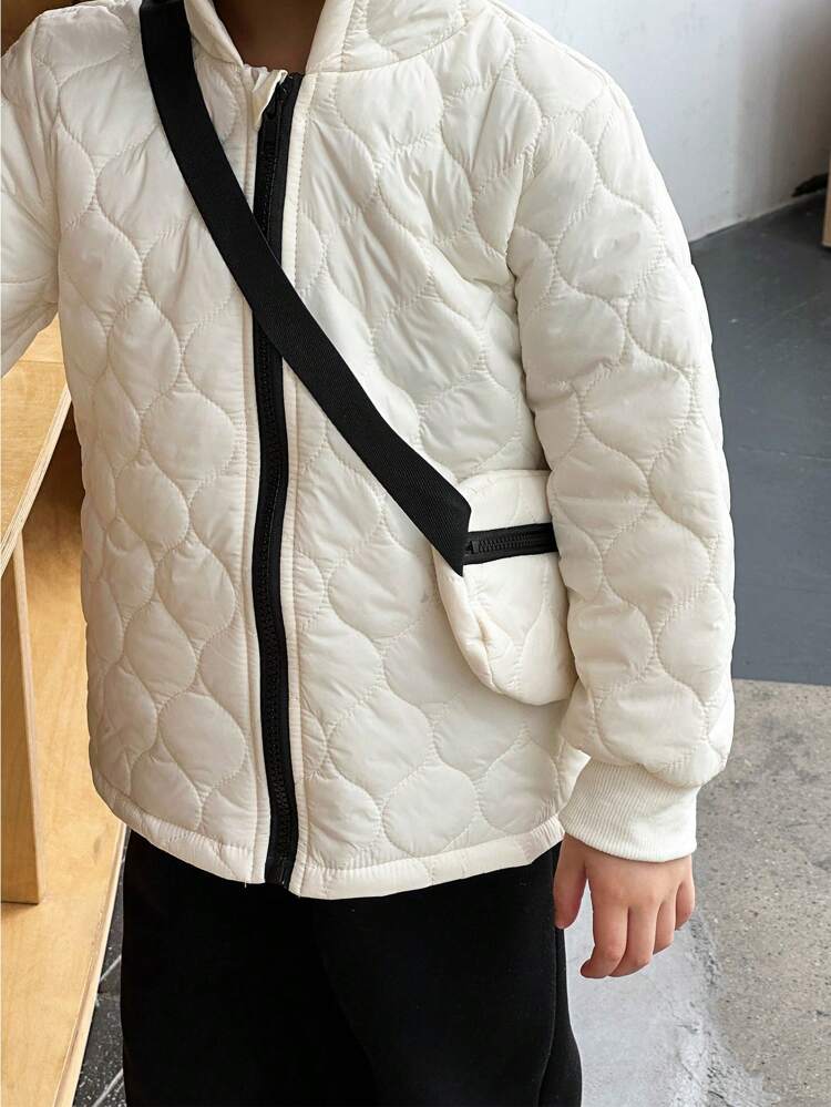 Young Boy 1pc Zipper Up Hooded Padded Coat With Bag & 1pc Sweatpants