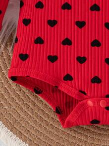 時尚嬰兒女孩愛心印花長袖連體衣 - 紅色 - 查看 3