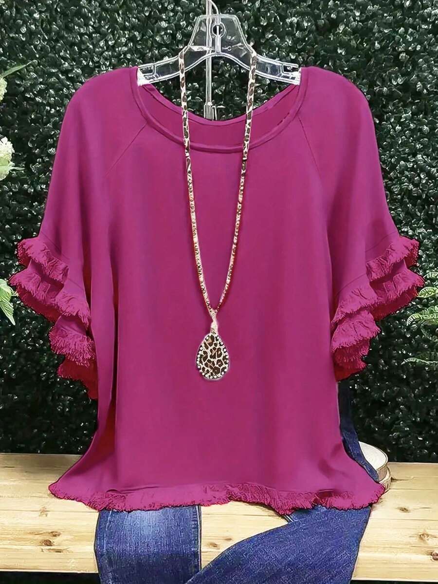 Áo thun viền tay nhiều tầng cỡ lớn dành cho nữ - Màu Hồng Tươi - Xem 1