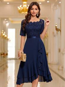 MIUSOL 船领花卉蕾丝拼接荷叶边下摆鸡尾酒会摇摆连衣裙婚礼宾客连衣裙舞会连衣裙