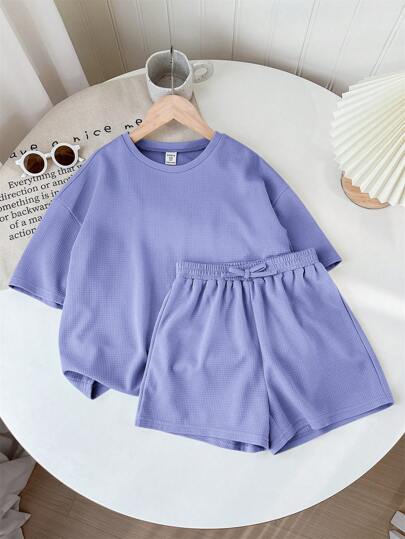 SHEIN LMoss Kids LMoss Tween Girl Tween Girl Solid Color Knitted Short Sleeve Round Neck Top And Loose Shorts Casual Two-Piece Outfit Summer Outfits