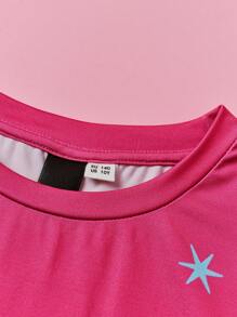 THE POWERPUFF GIRLS X SHEIN Conjunto de camiseta de manga corta y shorts impresos con dibujos animados brillantes, informal y lindo para niña preadolescente, verano
