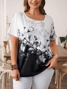 EMERY ROSE Áo thun ngắn tay cổ bất đối xứng in hoa cỡ lớn dành cho nữ cho mùa hè - Đen và trắng - Xem 5