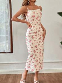 SHEIN VCAY Women's Romantic Ditsy Floral Collar & Contrast Lace Dress For Vacation