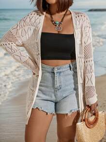 SHEIN CURVE+ 大尺碼女士純色極簡針織日常開衫 - 杏色 - 查看 4