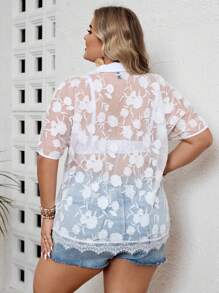 SHEIN VCAY Plus Size Women's Fashionable Sheer Printed Shirt With Lace Trimmed Collar