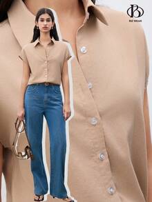 SHEIN Unity Của phụ nữ Màu thuần tay cánh Áo sơ mi - Màu Khaki - Xem 3