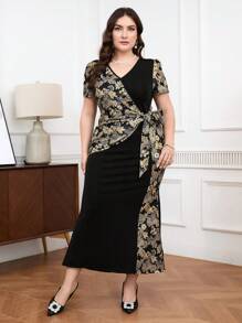 Modelyn Summer Plus Size Women's Fashionable Wrap Design Elegant Printed Dress Long Evening Dresses - Black - View 6