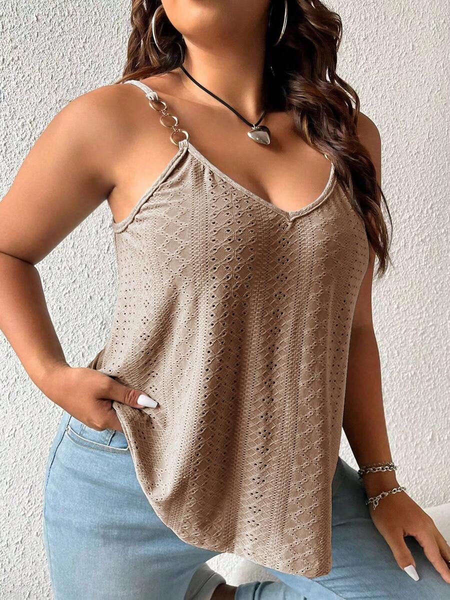 Calvaya 大尺碼夏季休閒純色空心刺繡背心上衣 - 杏色 - 查看 1