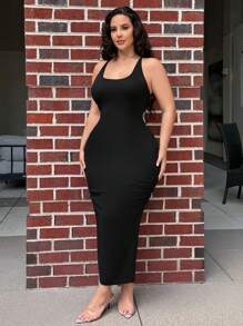 SHEIN SXY 加大號交叉後背露背收褶修身連身裙 - 黑色 - 查看 4