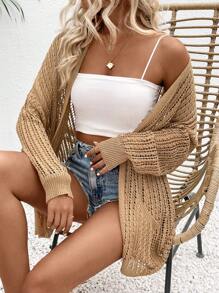 Breezaya Women's Solid Color Hollowed Texture Cardigan With Pockets, Perfect For Vacation - Khaki - View 5