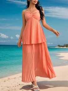 SHEIN Privé 女士夏日假日優雅清爽雪紡褶裙蛋糕吊領連身裙 - 藕粉色 - 查看 3