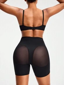 SHAPORA Faja de cintura alta para mujer con unicolor y detalles de malla transparente - Negro - Ver 4
