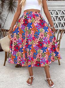 SHEIN LUNE 花卉全印花百褶裙，非常適合度假和休閒 - 玫紅色 - 查看 4